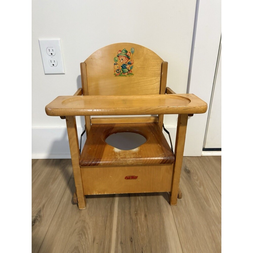 Vintage MCM Oak Hill Foldable Wood Training Potty/ High Chair W/ Table